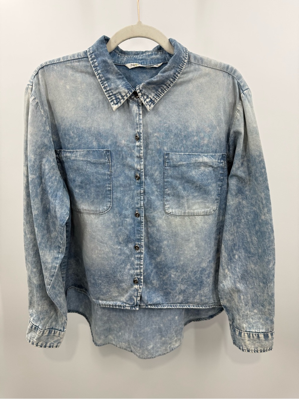 Hippie Laundry Acid Wash Denim Button Down Shirt Bleached Blue Size XL